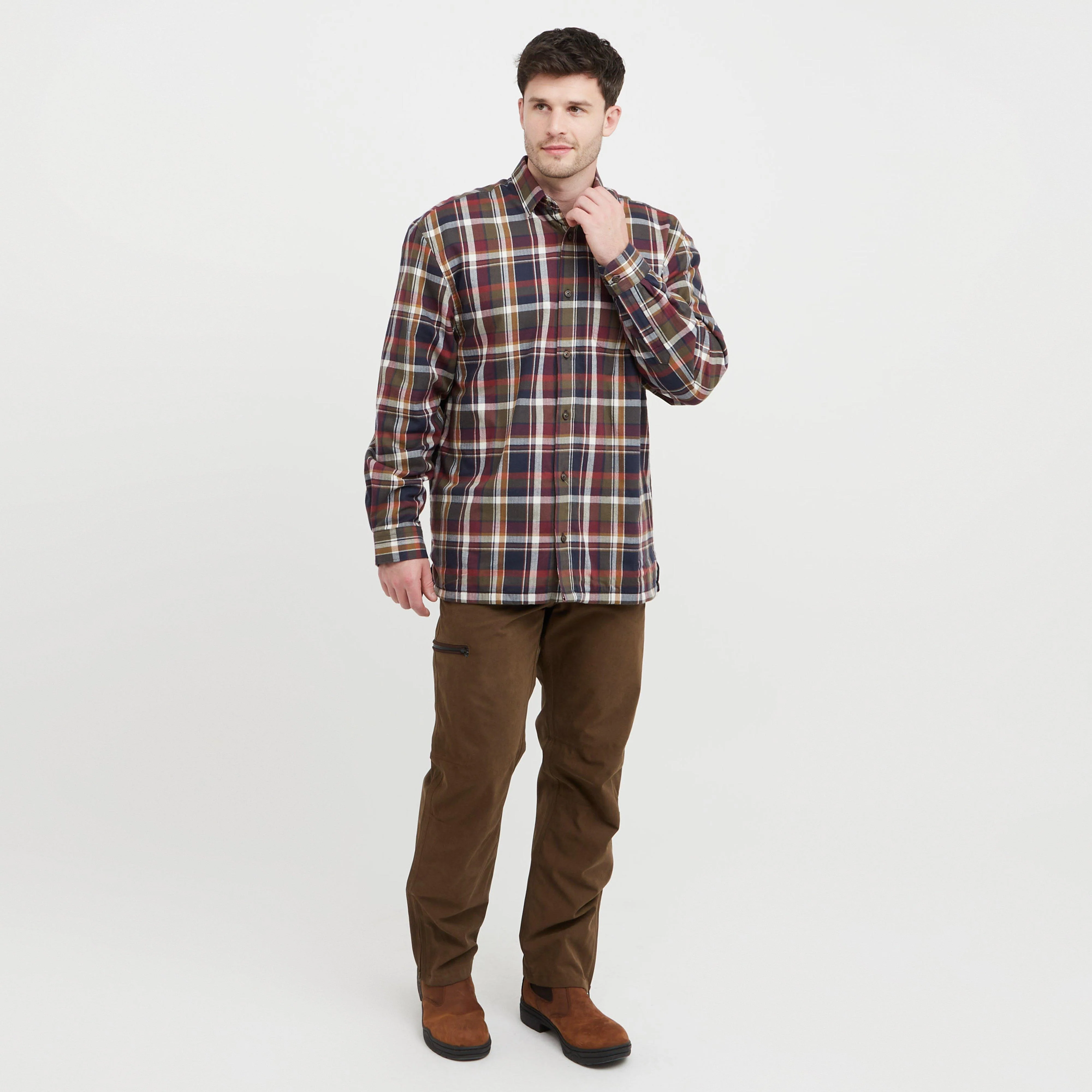 Mens Arran Microfleece Lined Shirt Wine/Olive Check - Image 3