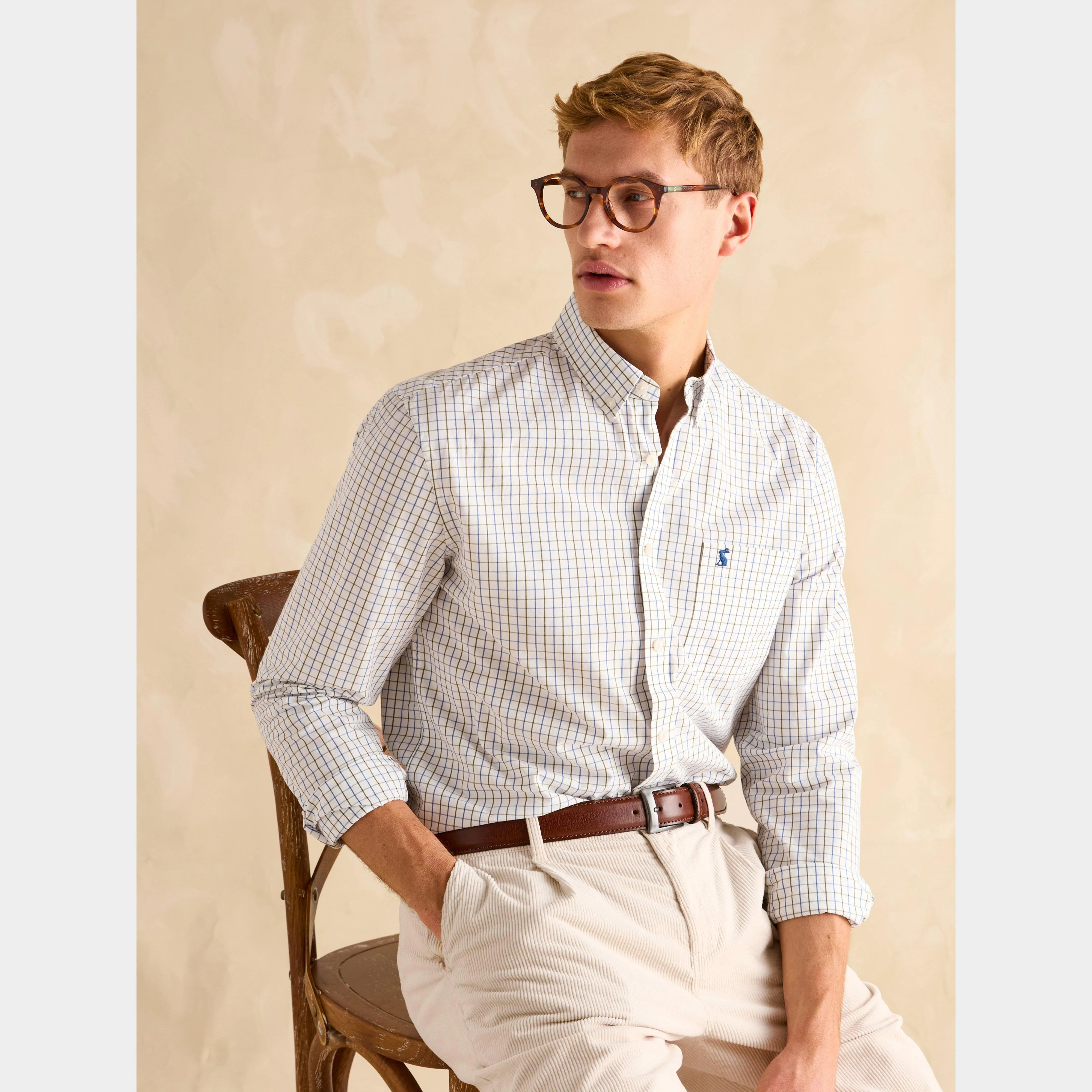 Mens Abbott Cotton Poplin Shirt Blue/Green Check - Image 5
