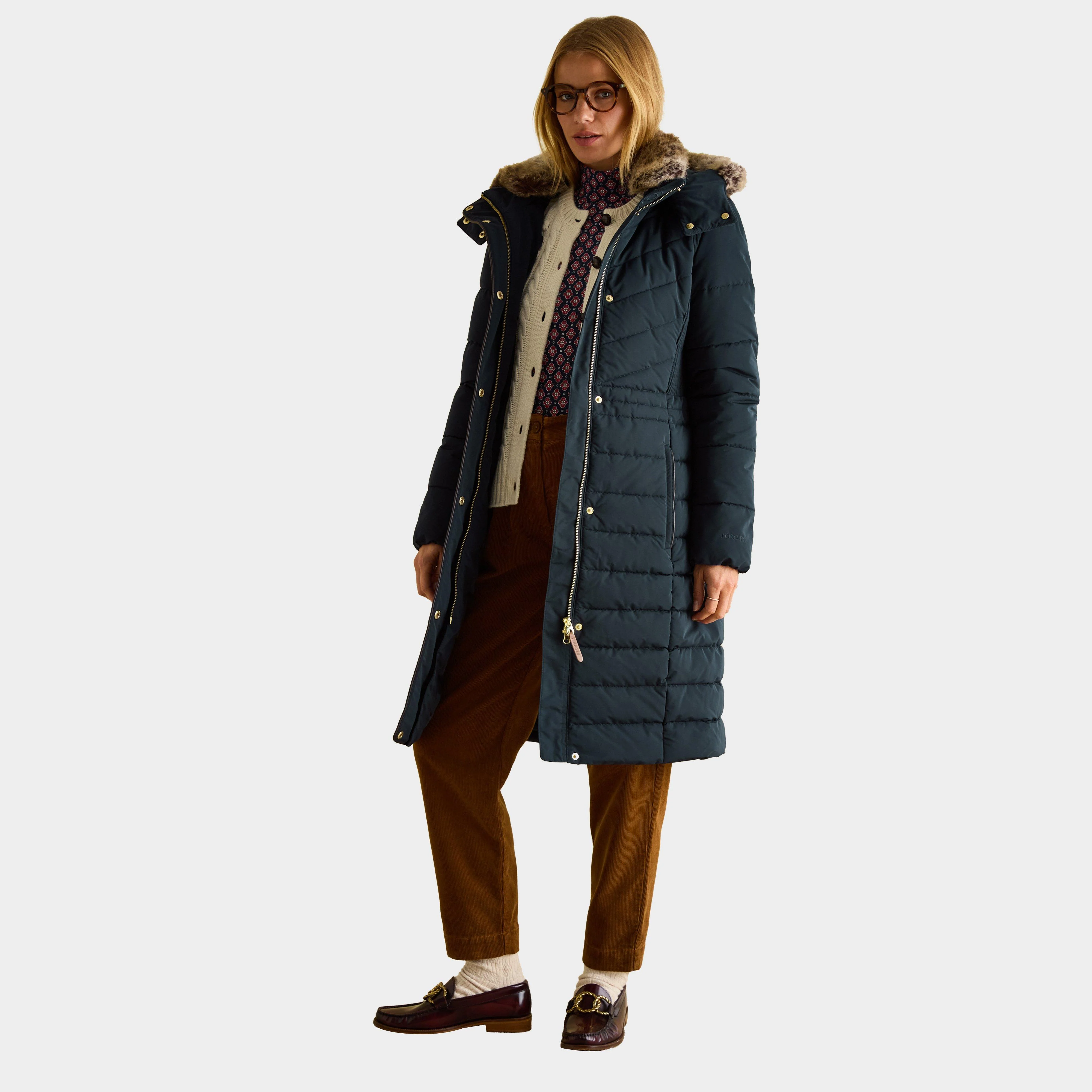 Womens Cherington Showerproof Longline Padded Coat with Faux Fur Hood Navy - Image 6