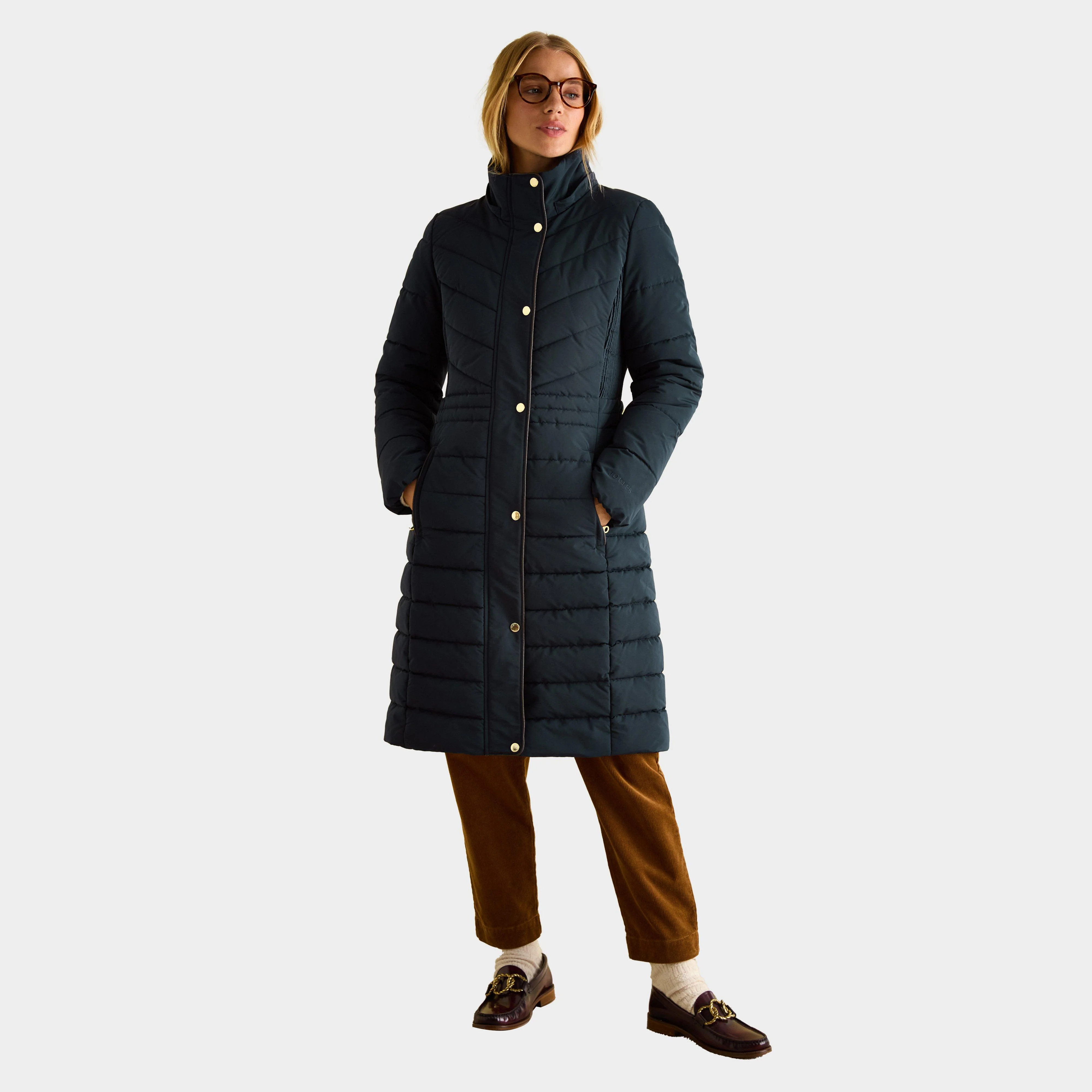 Womens Cherington Showerproof Longline Padded Coat with Faux Fur Hood Navy - Image 7